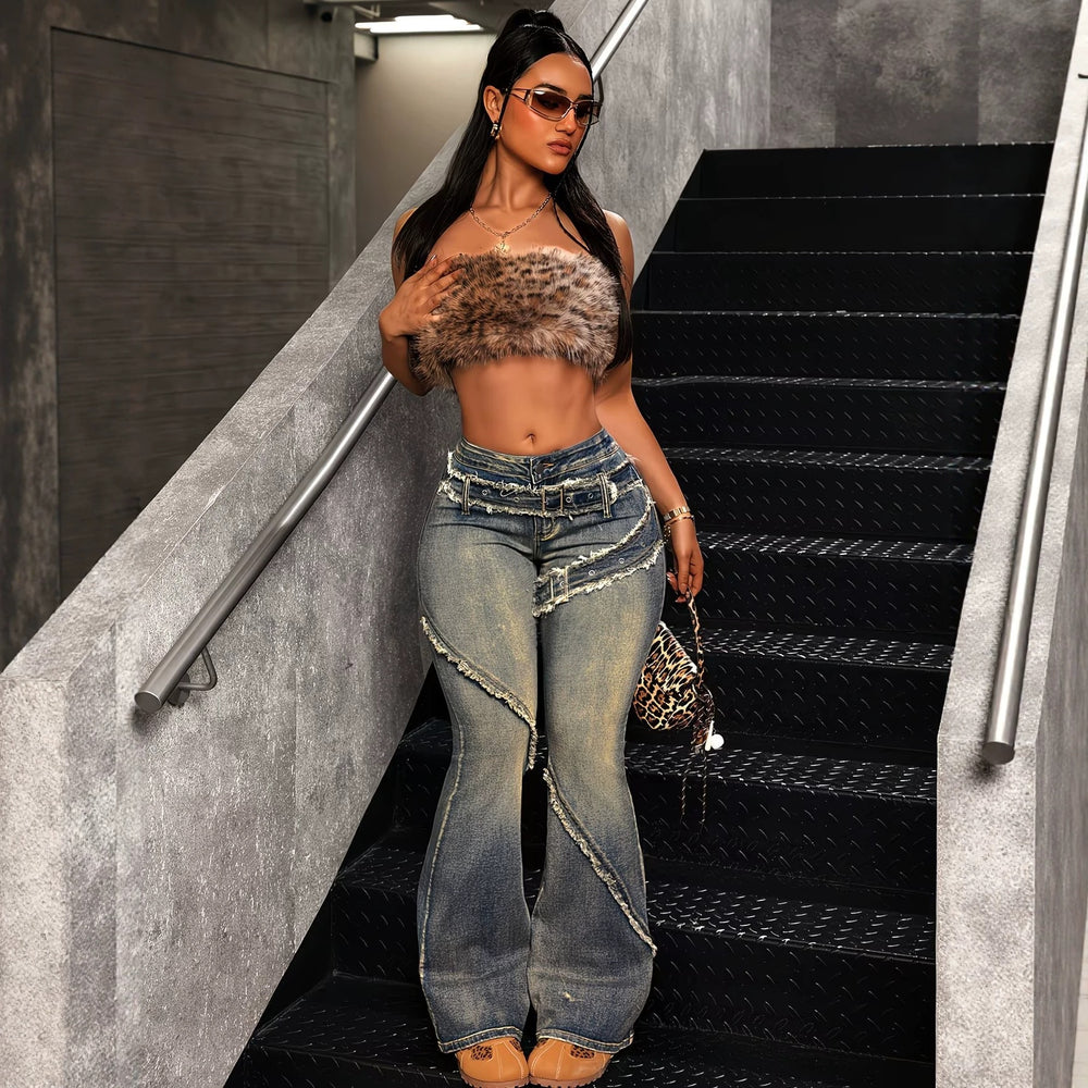 Fashionjeans women's cross-border low-waist raw edge patchwork micro-flared pants distressed washed hair must slim long denim