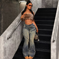 Fashionjeans women's cross-border low-waist raw edge patchwork micro-flared pants distressed washed hair must slim long denim