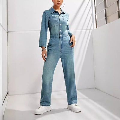 Pre-sale-65053#european and american cross-border women's clothing  casual commuter slim fit one-piece long-sleeved denim jumpsuit