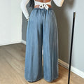 Fashionjeans women's elastic waist drawstring wide-leg jeans light blue washed loosedrapedmoppants