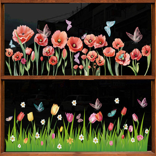 New small fresh flower butterfly skirting line shop glass window static glue-free decorative waist line skirting line painting