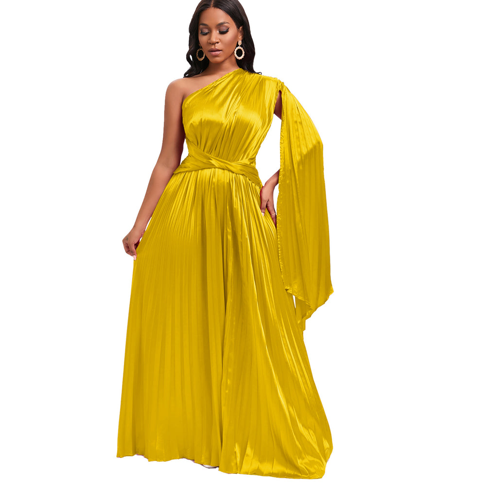 D407 independent station export women's clothing  new one-shoulder pleated long skirt oblique collar waist dress fashiondress