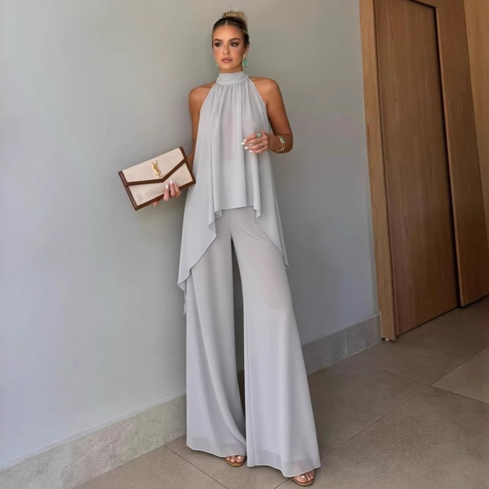 Independent station fashion cross-border  summer fashioncasual asymmetrical sleeveless elegantpure color pants suit women's clothing