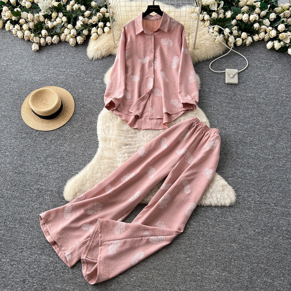 export retro print shirt & high-waisted wide-leg pants two-piece set - women's autumn/spring commute chic casual outfit