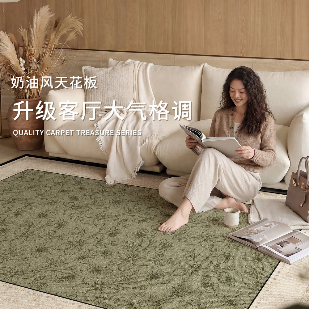 French retro green carpet - living room, stain-resistant, easy to clean, sofa & coffee table, soundproof, thickened floor mat, bedroom, high-end feel