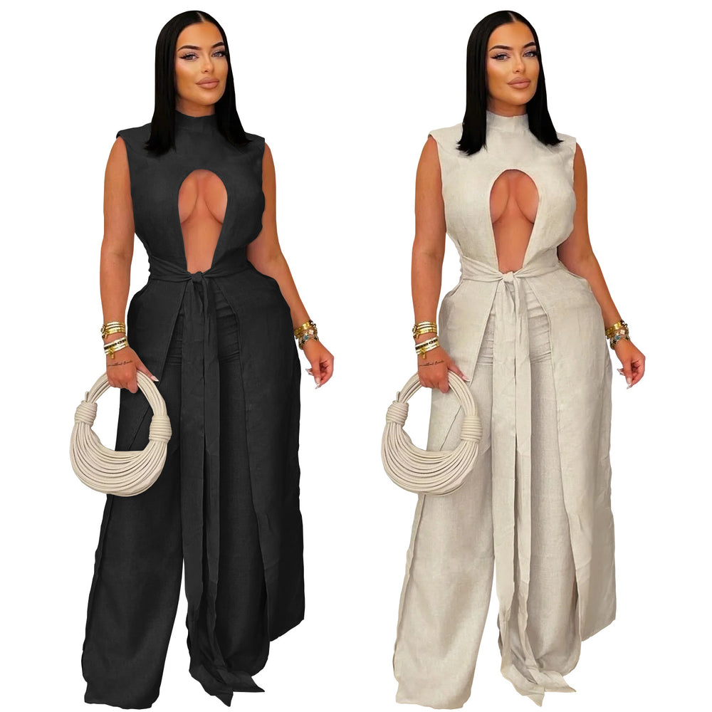 C7538 cross-border   fashion women's sexy solid color tie-up sleeveless pants set