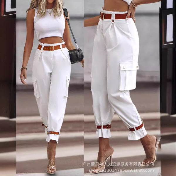 WMQY0008 Europe and America 2024 women's clothing contrasting color belt trousers