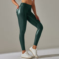 Clearance european and american  flap pocket pants pu leather pants tummy control tight body shaping high waist yoga pants plastic butt lifting nine-point pants