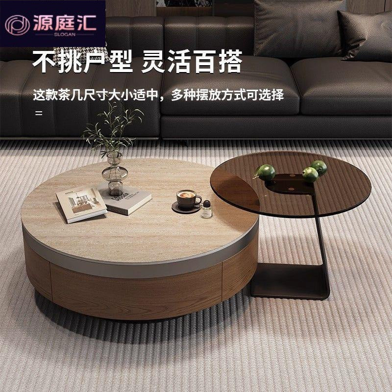 Travertine rock slab coffee table set for home living room, premium light luxury retro style, walnut color cabinet, round coffee table combination