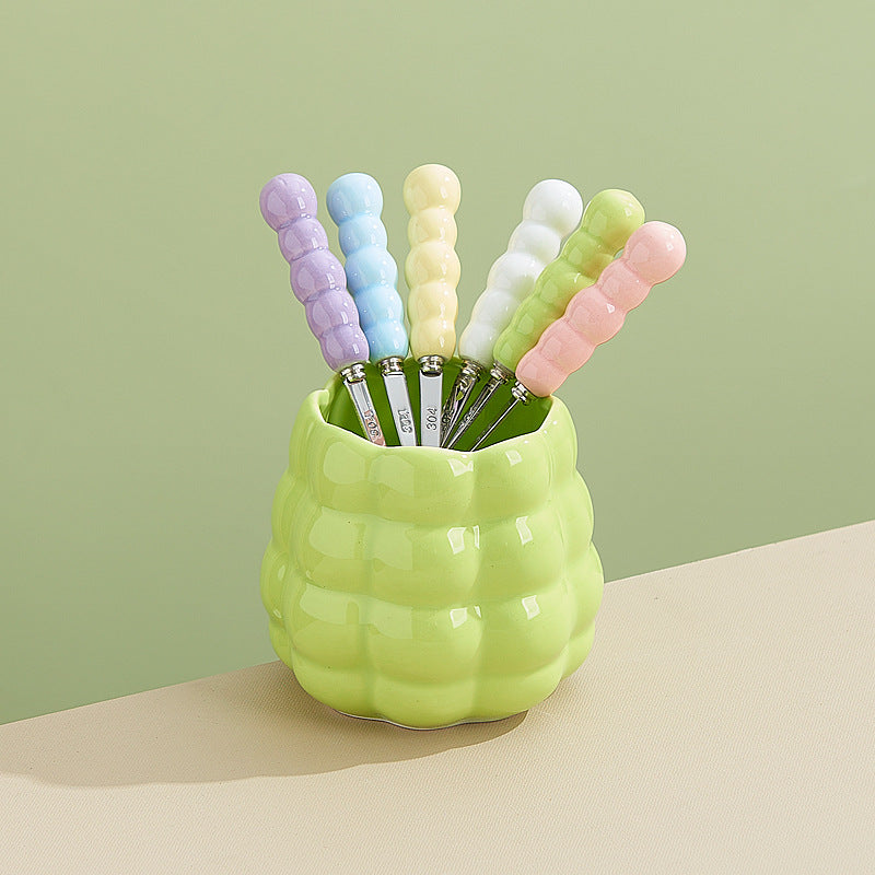 Dopamine color mixing stainless steel fruit forks, high-value afternoon tea dessert fork and spoon set with ceramic storage jar