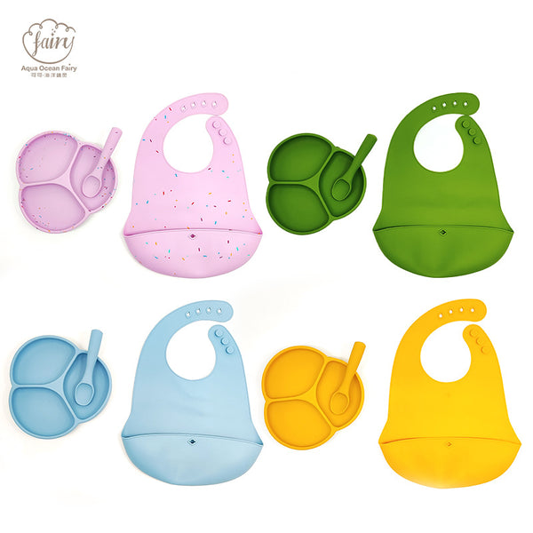 Wholesale Children's Supplementary Food Bowl Fork Spoon Bib Set Infant Silicone Sucker Bowl Baby Feeding Tableware Set