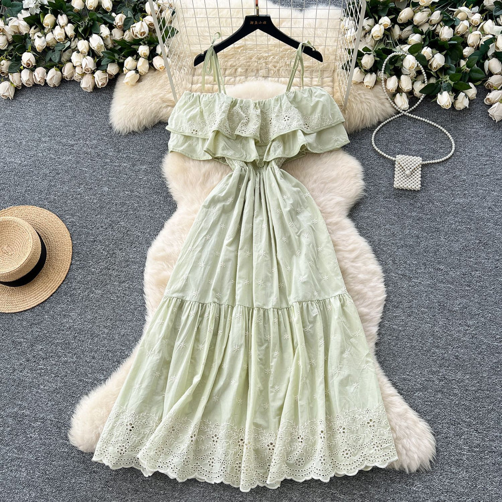 French gentle style one shoulder suspender rufflespatchworkdress women's waist elegant cut outembroiderlong skirt
