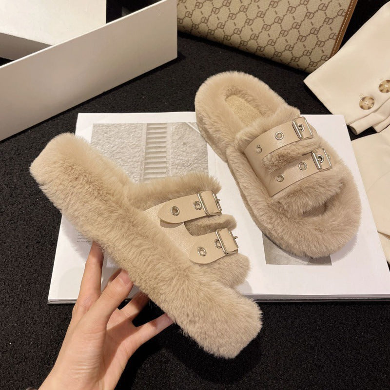 Plus size fur slippers for women 2023new arrivalfashion belt buckle thick solestuffed home outwear cotton slippers wholesale