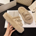 Plus size fur slippers for women 2023new arrivalfashion belt buckle thick solestuffed home outwear cotton slippers wholesale