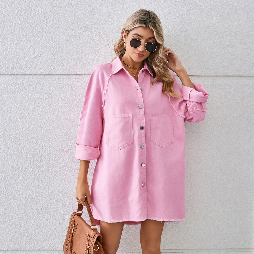 Fashion cross-border trade  new arrival washed raw edge denim dresspatchworklong sleevescardigan skirt for women