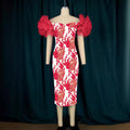 Am220631 mesh sleeve patchwork print bodycon midi dress party evening gown women's dress