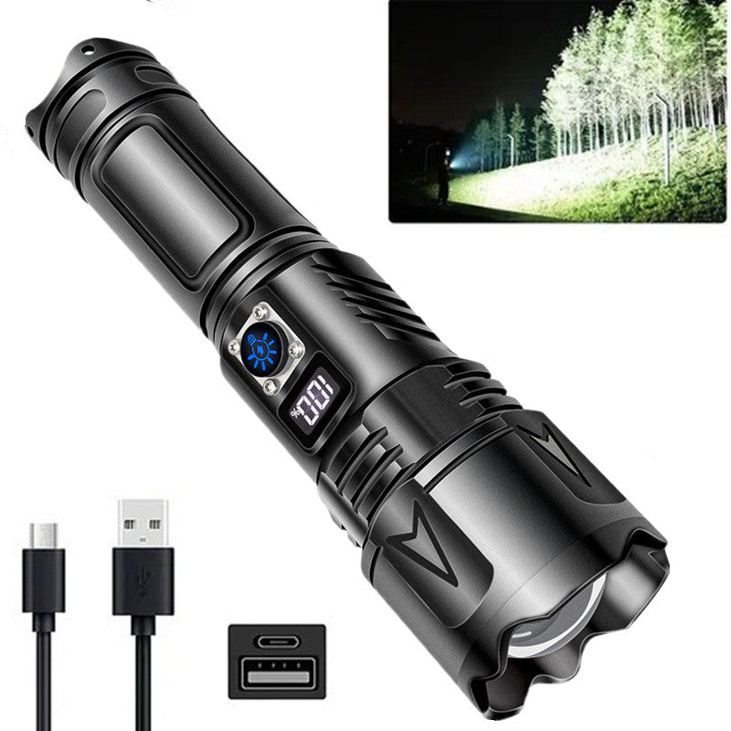 Cross-border white laser long-range flashlight digital display strong light outdoor charging, super bright tactical LED zoom long-range flashlight