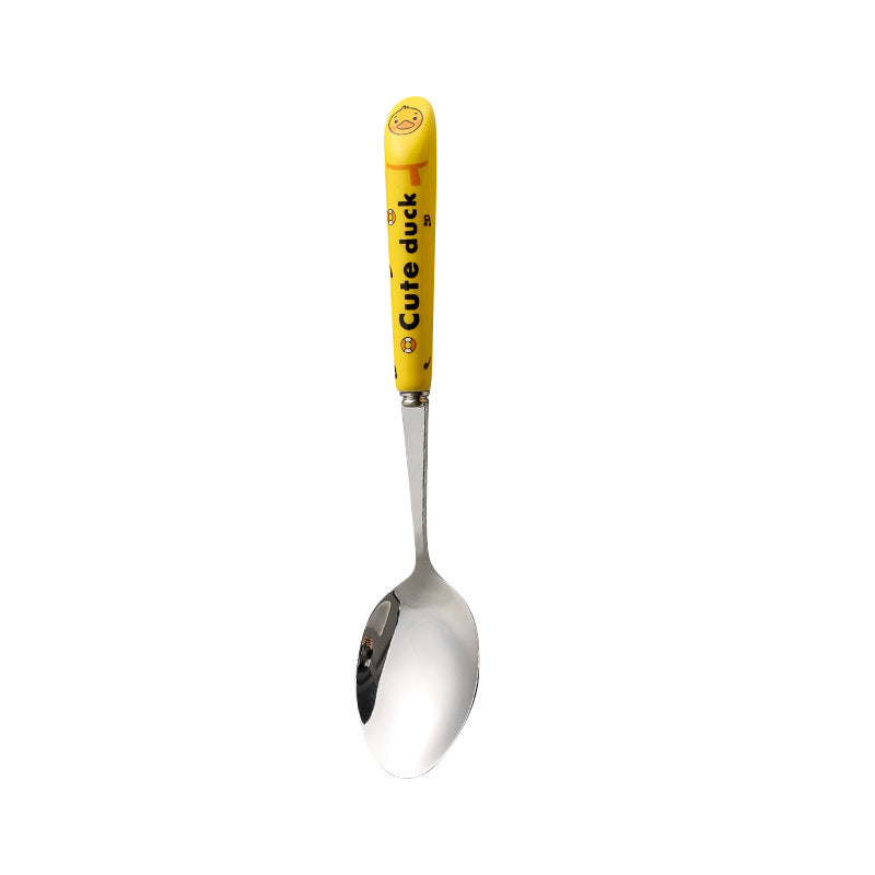 Cartoon stainless steel cutlery set: cute kids' forks with stylish ceramic handles, exquisite dessert spoons, and serving spoons