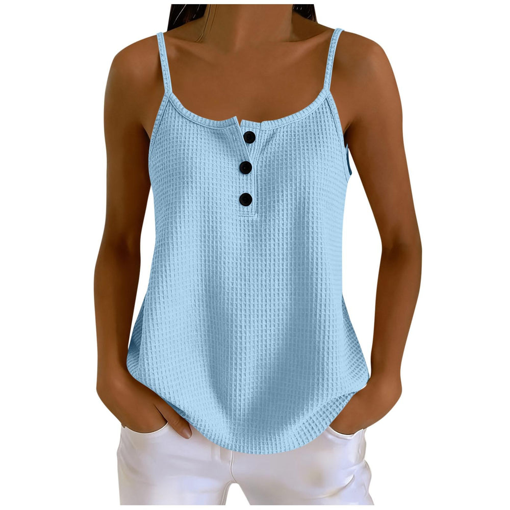 european and american summer new arrival: solid color waffle knit patchwork cami top with adjustable straps, slimming design, and button closure