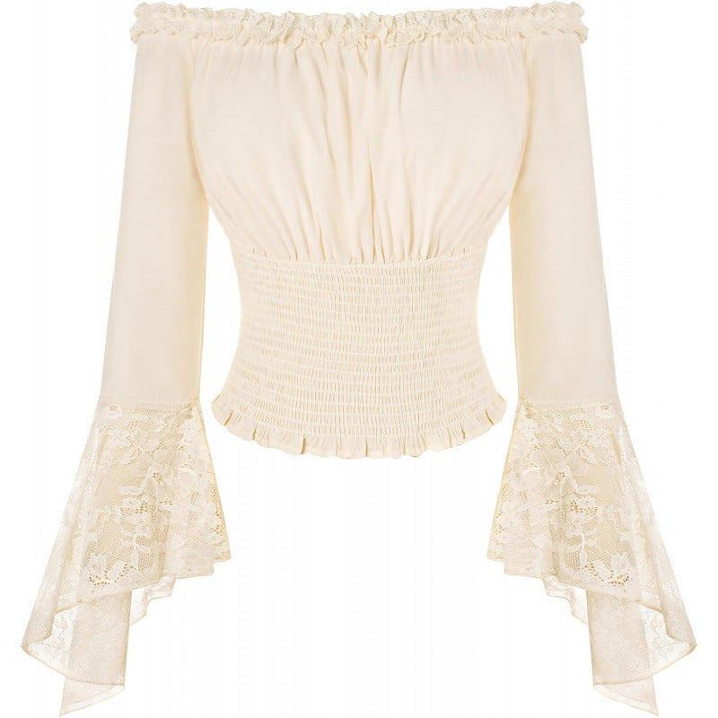 Amazon fashionlace off-shoulder long sleevesshirt women's  spring new arrival one-line collar rufflestops