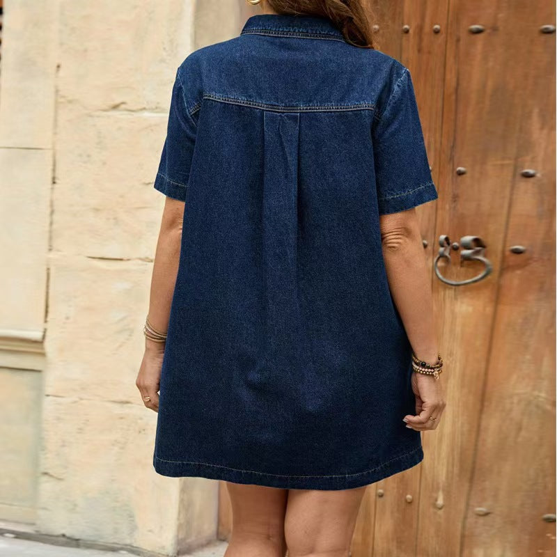 Fashion cross-border  independent station plus size lapel casual mid-length denim skirt short-sleeved loosedress for women