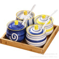 Household kitchen ceramic seasoning jar set - hand-painted creative pepper & salt shakers, sugar bowl, msg jar with wooden tray set