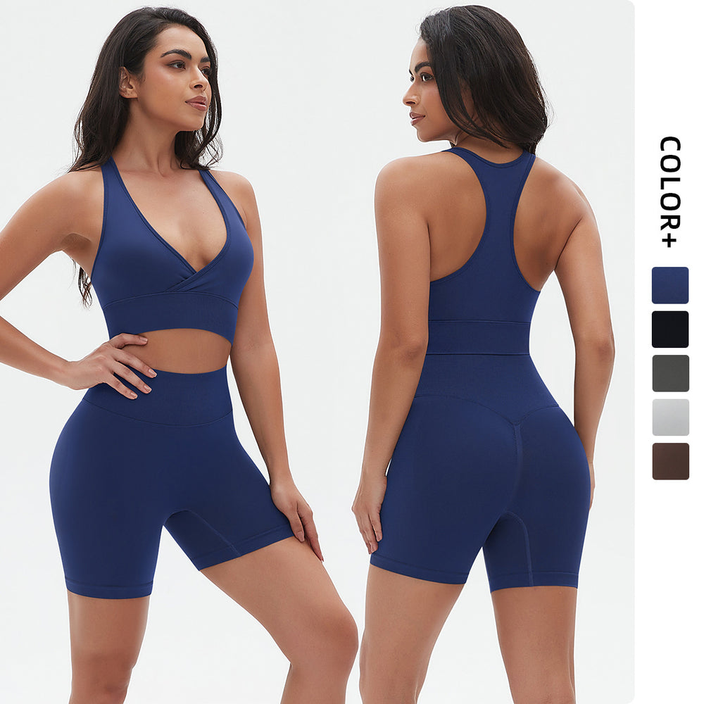 seamless knitting high-elastic tight sexy yoga suit cross-shaped back running fitness two-piece set