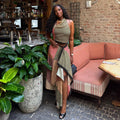 European and american cross-border women's fashion  summer new arrival: elegant halter neck sleeveless printed top and asymmetrical midi skirt set