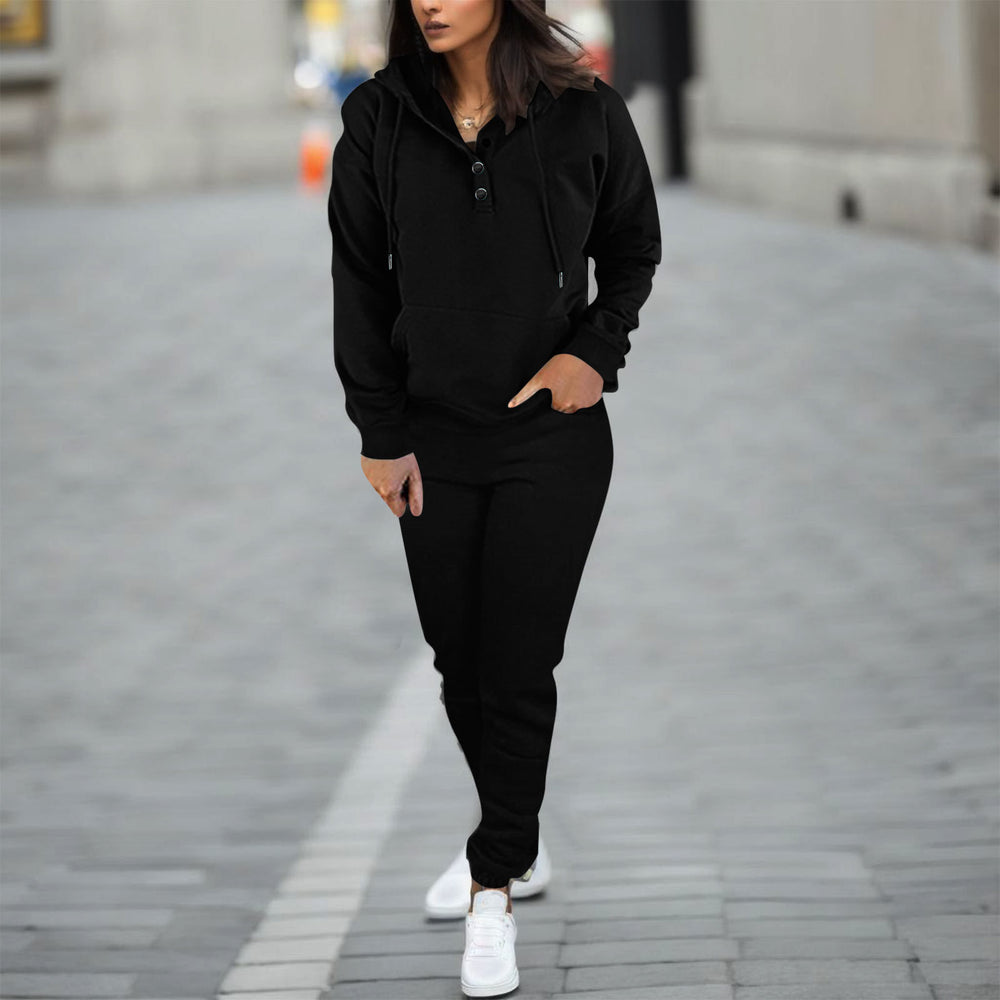 cross-border  women's solid color hooded long sleeve sweatshirt & fashionable tapered leg pants two-piece set