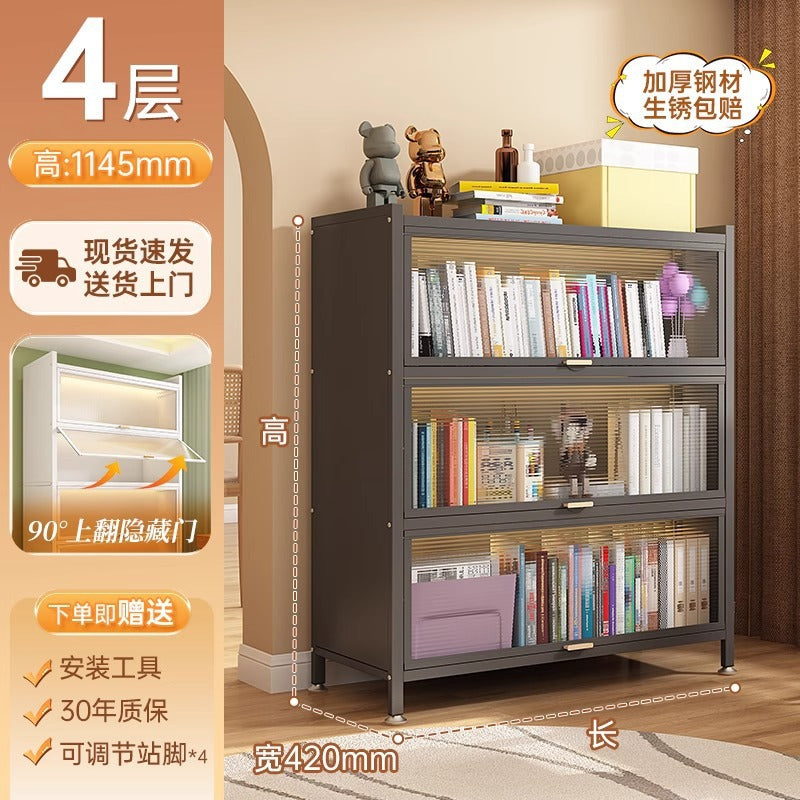 Steel bookcase with doors, dustproof storage rack, all-in-one wall-mounted multifunctional kids' bookshelf, freestanding storage cabinet for home use