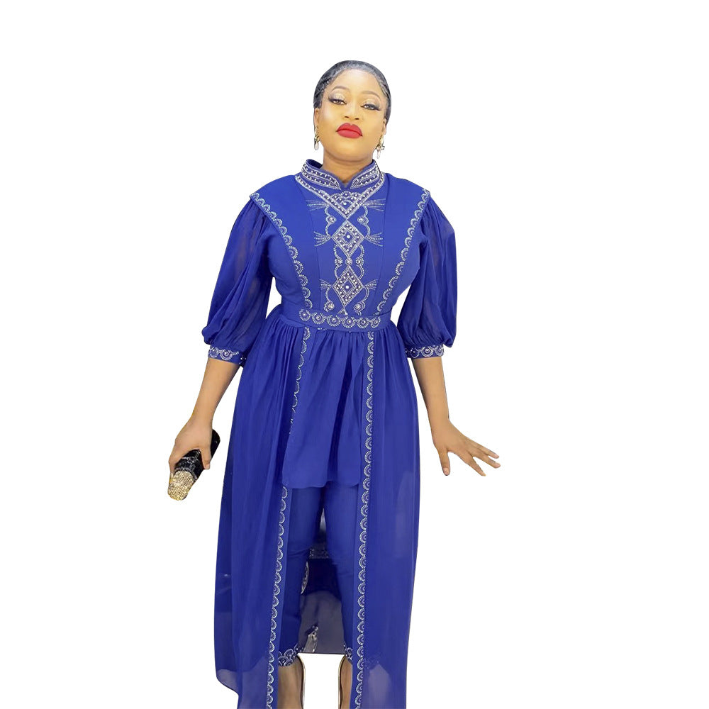 new autumn/winter rhinestone & beaded african  women's plus size irregular maxi dress + pants two-piece set
