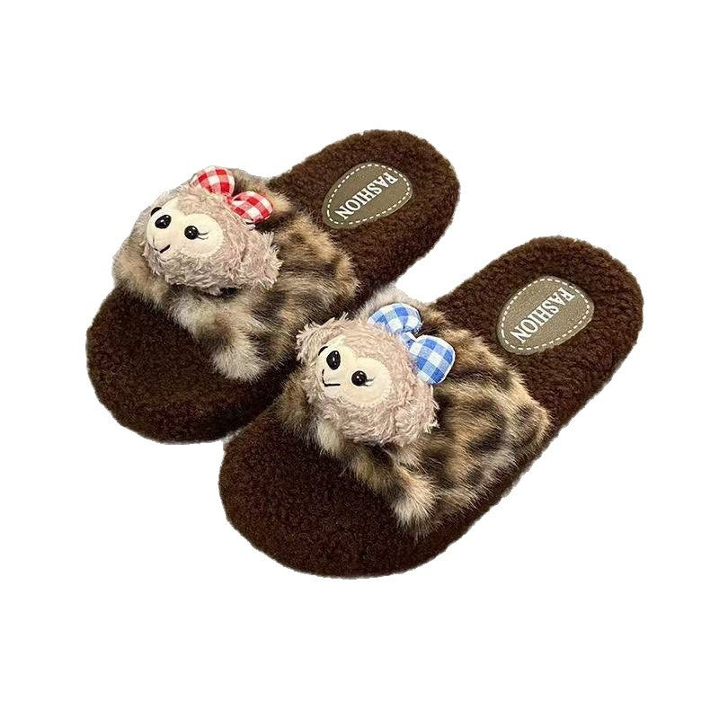 2025 new cute cartoon shirley rose leopard print fuzzy slippers women's autumn/winter outdoor non-slip soft sole closed-toe cotton slippers
