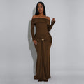 C7559 cross-border   fashion women's off-the-shoulder long sleeve metal buckle mermaid dress