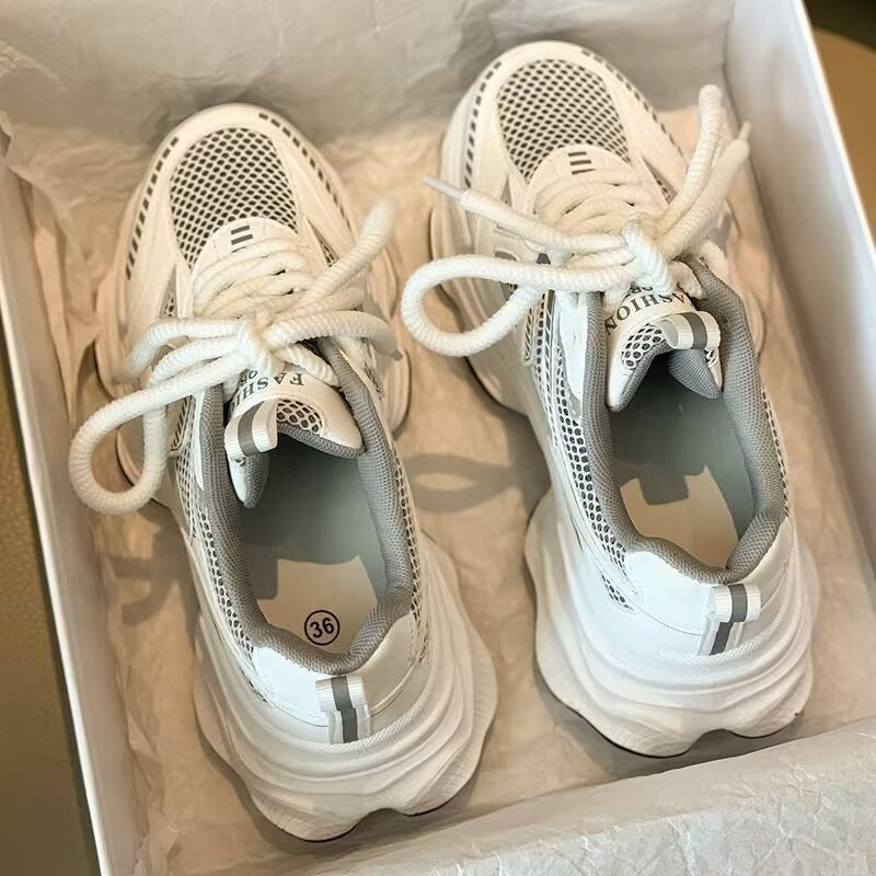 2025 spring/summer new breathable mesh chunky sneakers, niche platform casual shoes, fashionable athletic women's flats, height increasing women's shoes