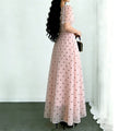 european and american cross-border new arrival: ruffle trim, color block, cinched waist, heart print dress - women's slimming, elegant maxi dress