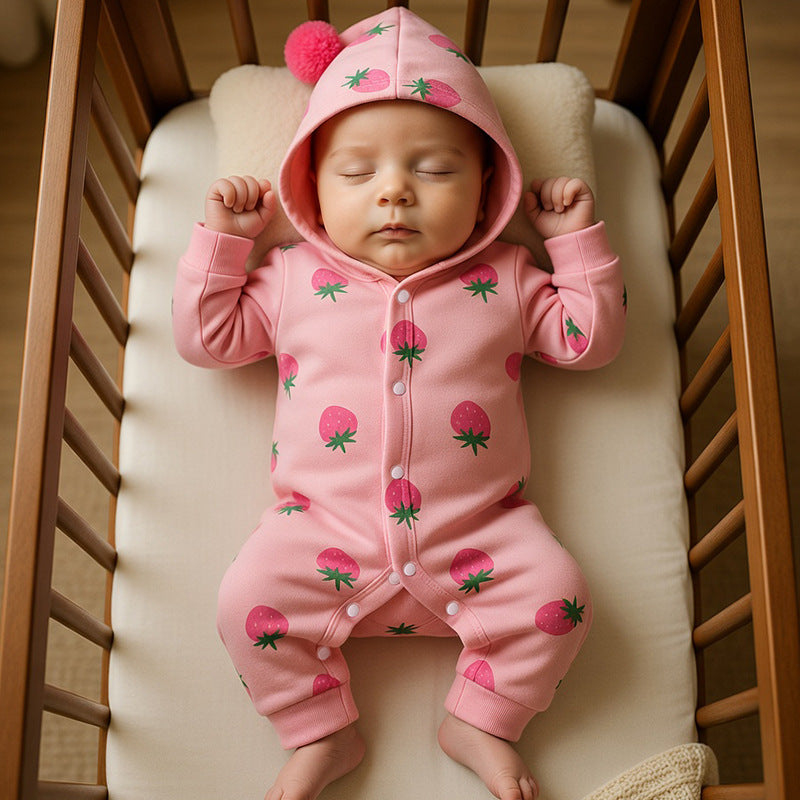 Newborn baby clothes spring collection: newborn girl romper, double-layered full month long-sleeve, spring/autumn outing strawberry crawling suit