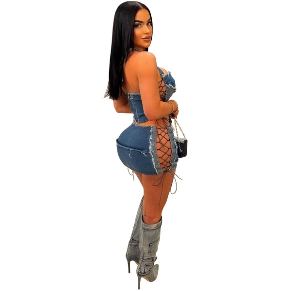 YZ1359 European and American  women's clothing  denim two-piece set chest wrap tether neck pocket top two wearing method