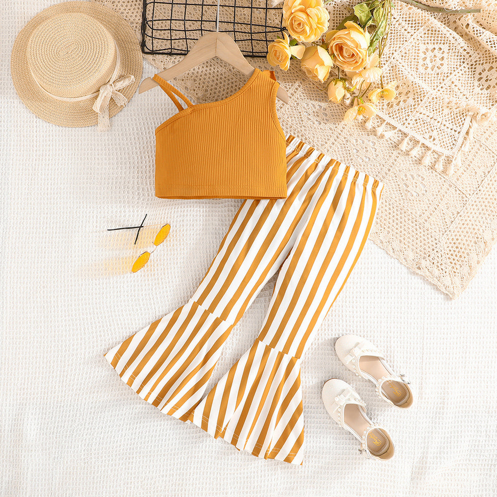 fashion children's wear cross-border girls' ruffles suspender tops stripes flare pants suit children's wear