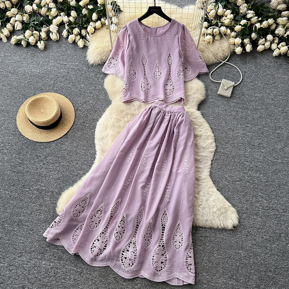 French chic lace-trimmed bubble sleeve top & high-waisted midi skirt two-piece set - slimming look
