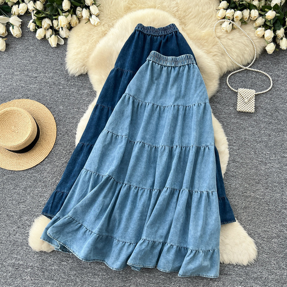 K-stylecasual style denim pleated a-line skirt women's slimming look elastic waist cake skirt easiest for matchwork clothing long skirt