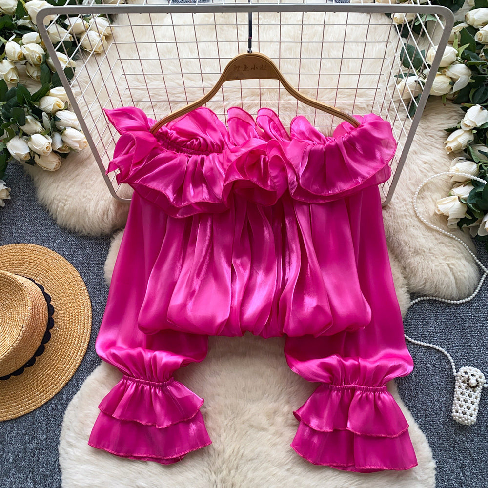 Sweet style one shoulder fungus chiffon shirt women's summerk-stylelong sleeveslooseslimming lookpinkeleganttops