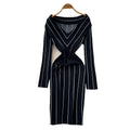Xiaoxiangfengclassy contrast colorbows strappy long sleevesdress women's metal buckle waist slimming lookknitting short skirt
