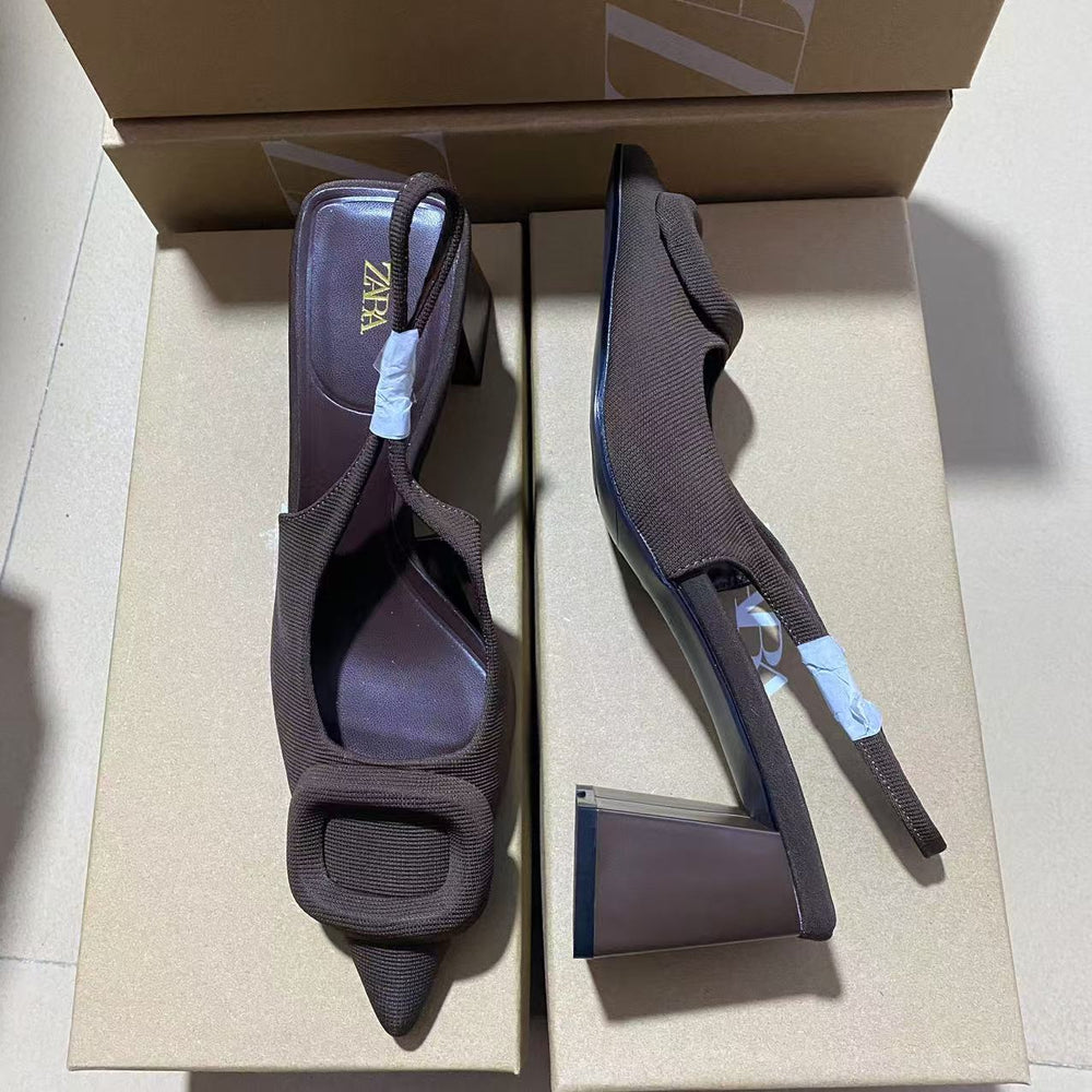 Zaexport2024 summer new arrival women's shoes, square buckle buckle, pointed toe, thick heel, high heel sandals, toe cap