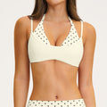 Customizable color block sports bra - faux two-piece halter yoga top with padded cups and printed design - style 4549