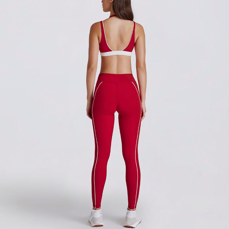 fake two-piececontrast color white striped running fitness shorts v neckhalter sports intimates bra yoga suit
