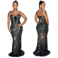 C6820 cross-border   fashion women's solid color mesh rhinestone embellished camisole maxi dress
