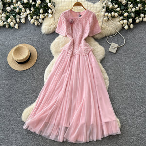 Elegant pink lace a-line dress for women - summer  collection: slimming, waist-defining, mesh maxi dress - perfect for work and everyday elegance