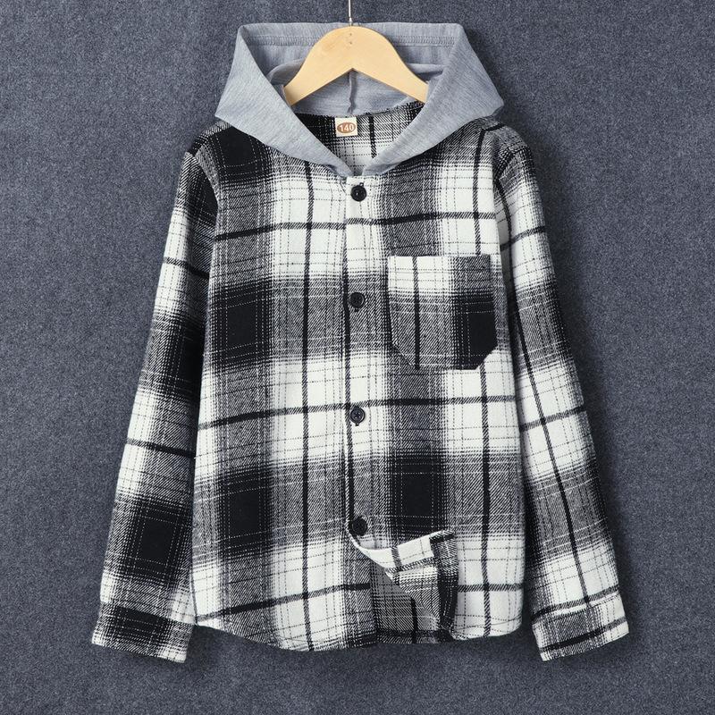 European and american style boys' plaid shirt - fashionable boys' casual warm shirt - korean style plaid hooded jacket shirt