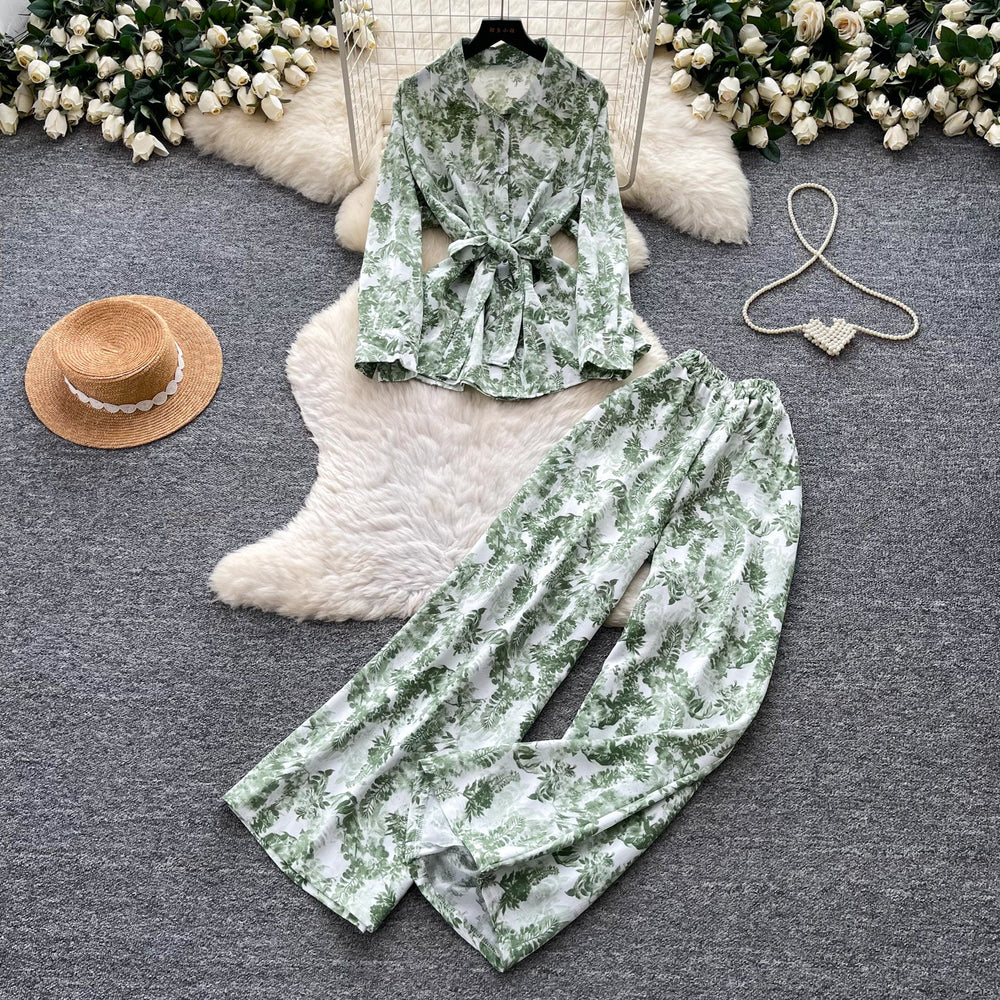 Lightly mature elegance style strappy v necktopshigh waistloose pantstwo-piece set female autumslimming look lazy fashionsuit