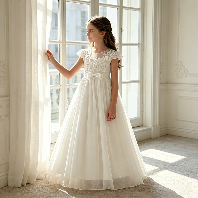 fashion stylegirl dress white lacepatchworkelegancefrench long skirt chiffon kids skirtin stock